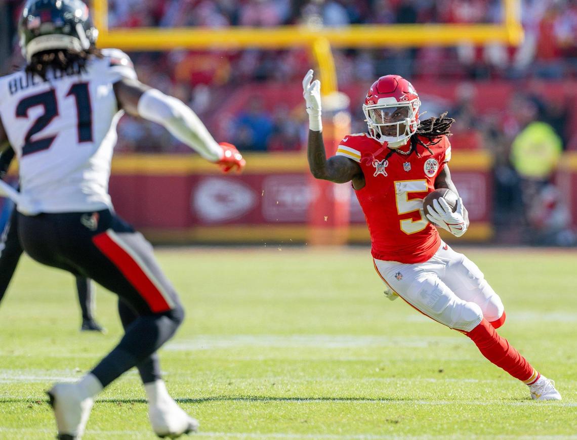 Kansas City Chiefs wide receiver Hollywood Brown’s (5) fourth down catch in the first quarter against the Houston Texans was good for a first down on Saturday, Dec. 21, 2024, at GEHA Field at Arrowhead Stadium.
