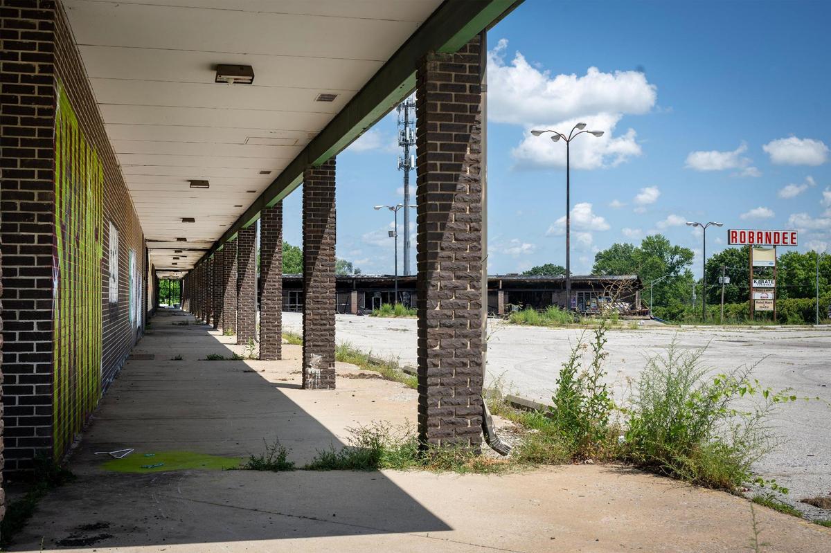 The marquee sign still stands at the long-vacant, dilapidated Robandee Shopping Center, 8300 E. Bannister Rd., in Kansas City on Monday, July 7, 2025.