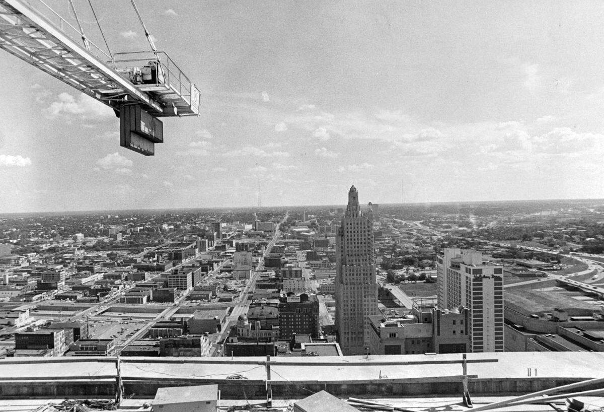 The 30-story retail and office building was topped off in 1976 when the concrete was poured at the level from which this picture was taken. City Center Square, joined the ranks of Kansas City’s tallest structures, including the Kansas City Power & Light Building.
