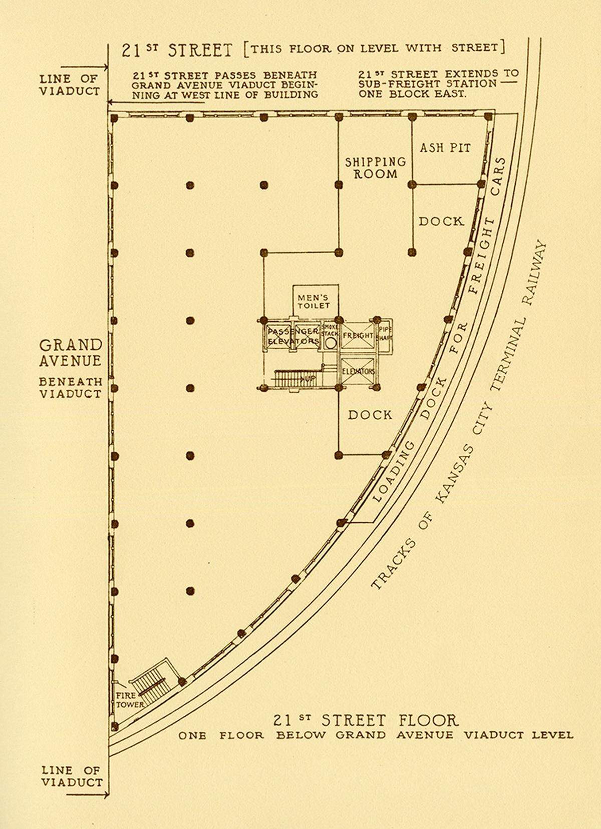 Architectural drawing showing the uniqueness of Tuft’s triangular building design from 1927.
