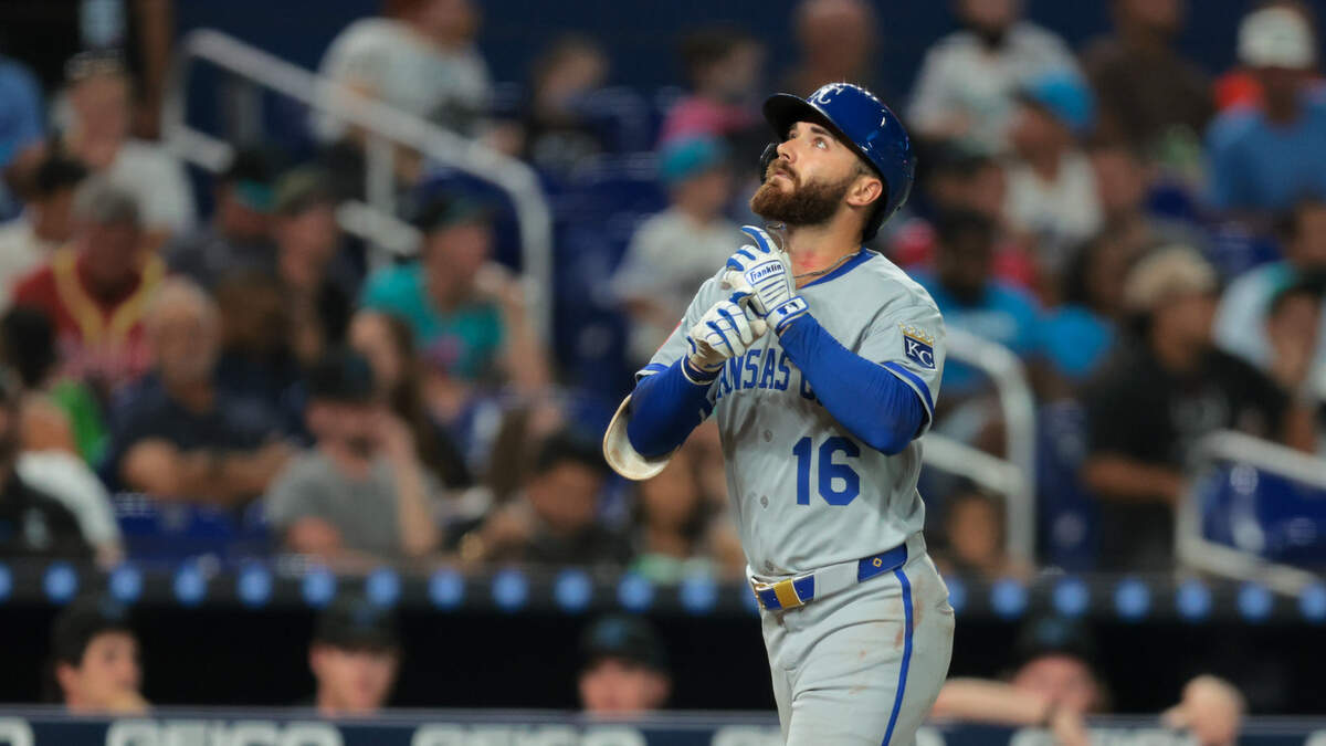 Kansas City Royals left fielder John Rave circled the bases after hitting a three-run home run against the Miami Marlins during the fourth inning at loanDepot Park.