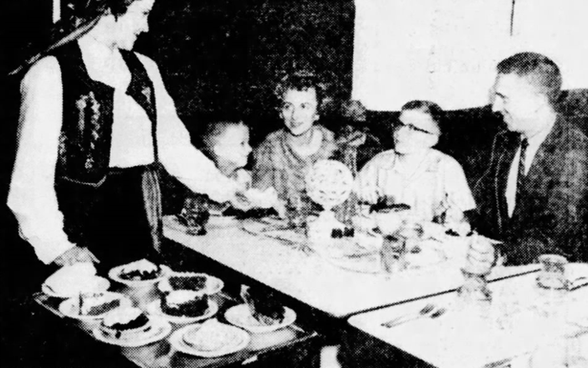 As photographed in 1963, after customers finished their meal, waiters brought around a dessert cart with sweets like fudge pie, cherry tarts or cheesecake.