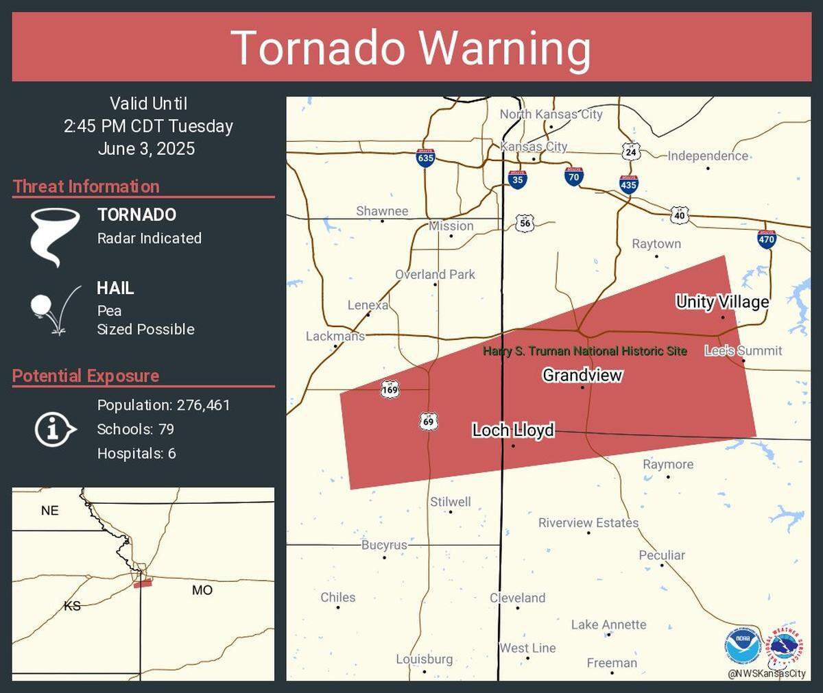 A quick-moving thunderstorm was over Overland Park and was moving east at 40 mph. Radar indicated a rotation within the storm. The storm was expected to impact Overland Park, Olathe, Lee’s Summit, Leawood, Raytown, Grandview, Belton, Raymore, Unity Village, and Stanley.