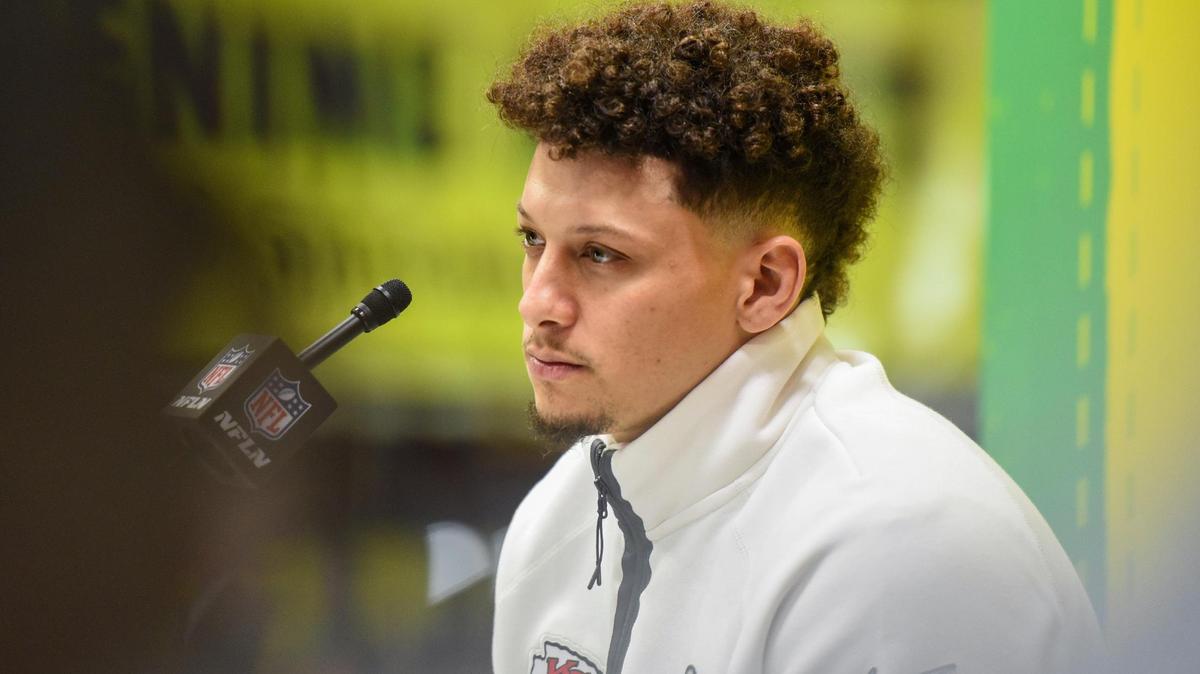 Kansas City Chiefs quarterback Patrick Mahomes talks to members of the media Monday, Feb. 3, 2025, at the Super Bowl LIX Opening Night event in New Orleans.