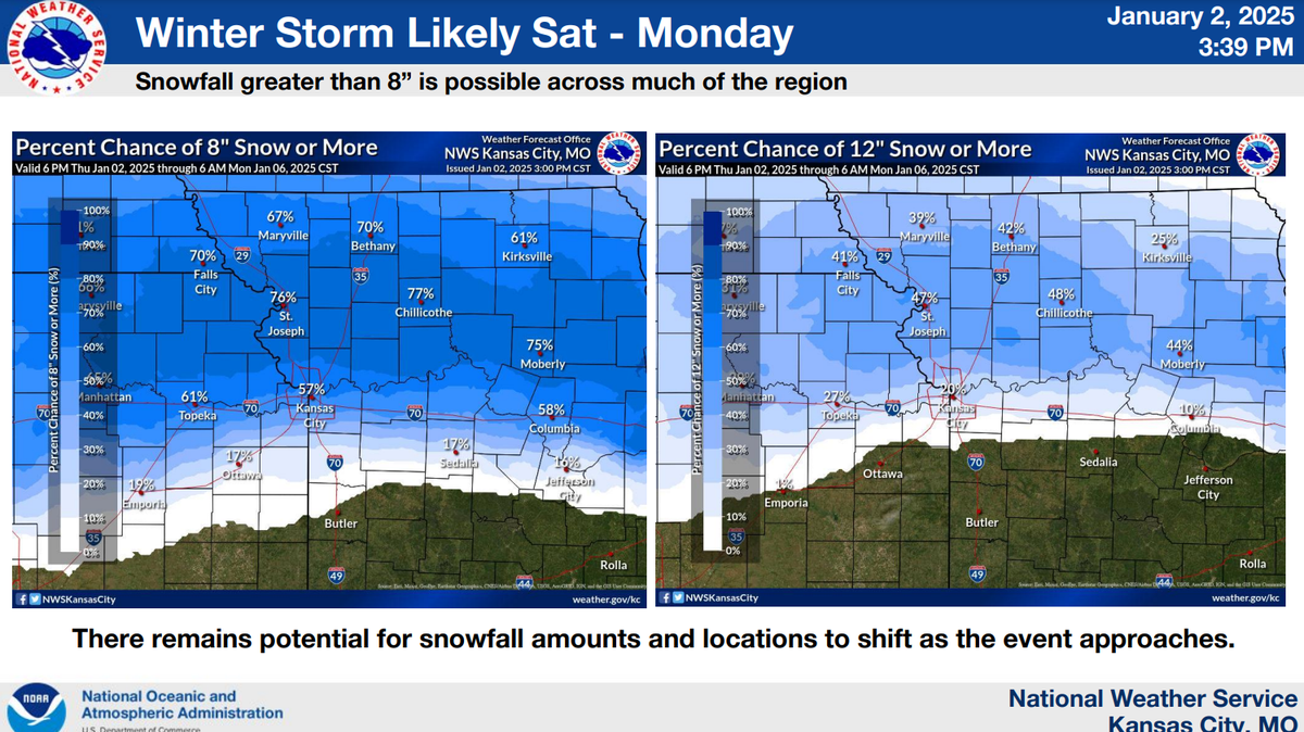 A map of expected snow accumulation for the winter storm forecast to hit Kansas City this weekend.