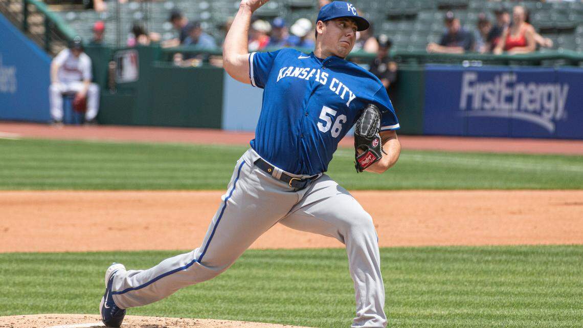 Kansas City Royals starting pitcher Brad Keller delivers against the Cleveland Guardians during the first inning of a baseball game in Cleveland, Tuesday, June 1, 2022. (AP Photo/Phil Long)