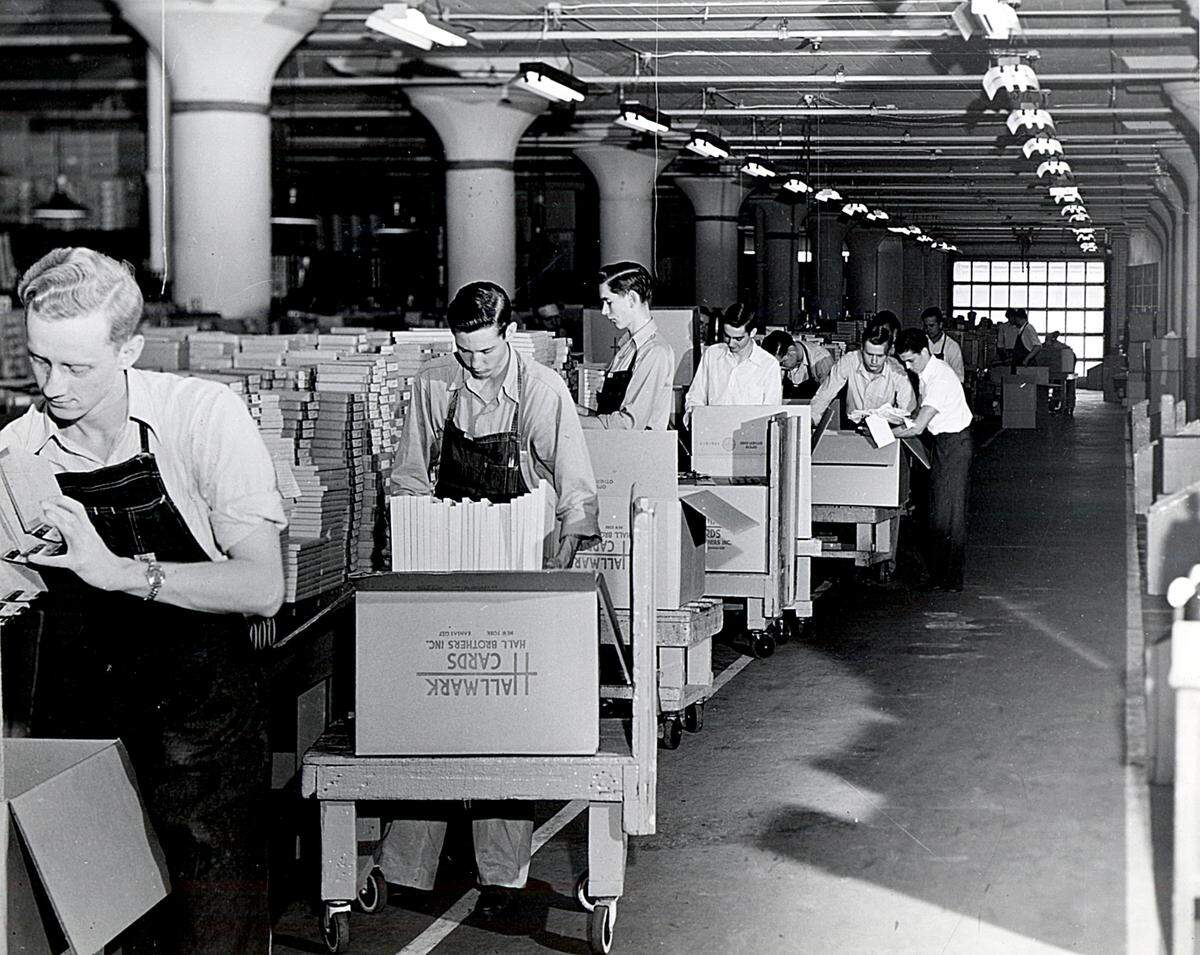 Packing Hallmark greeting cards in undated file photo.