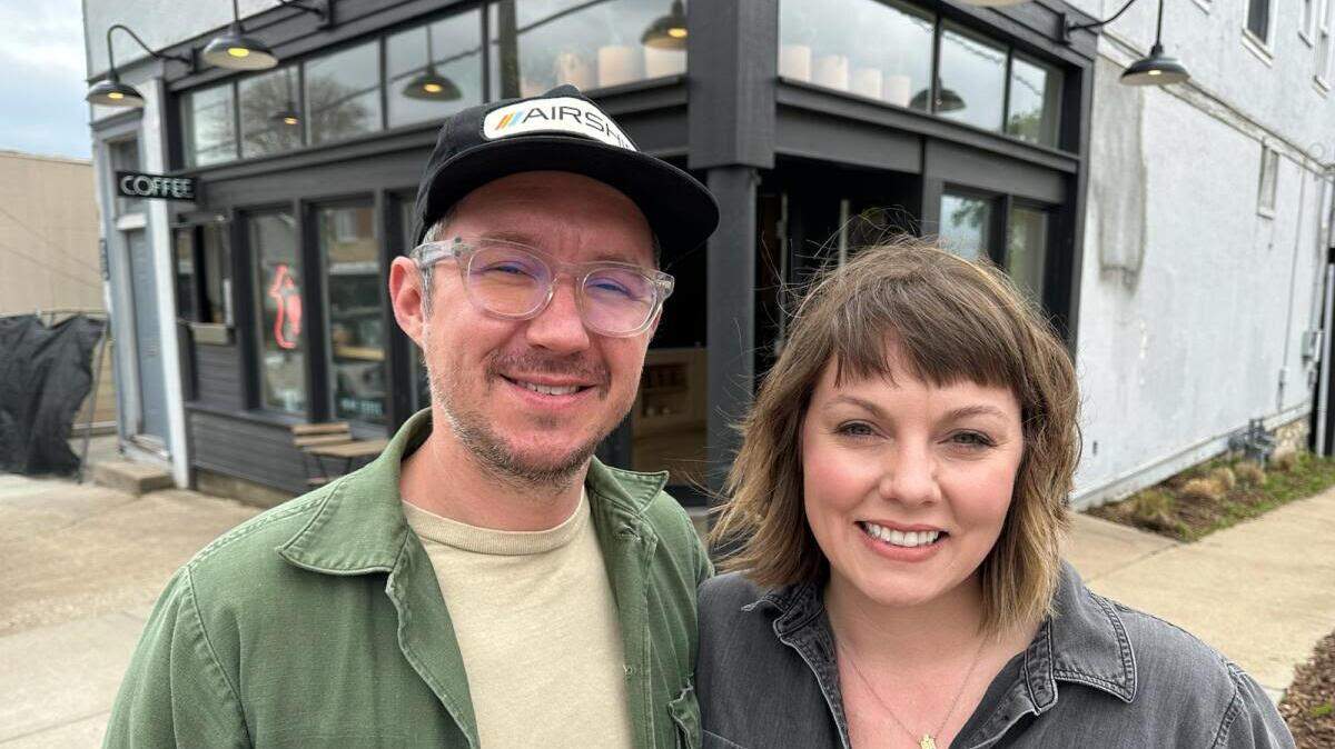Husband and wife Christopher Ciesiel and Cristin Llewellyn, outside their new cocktail bar under construction in Kansas City, Kansas.