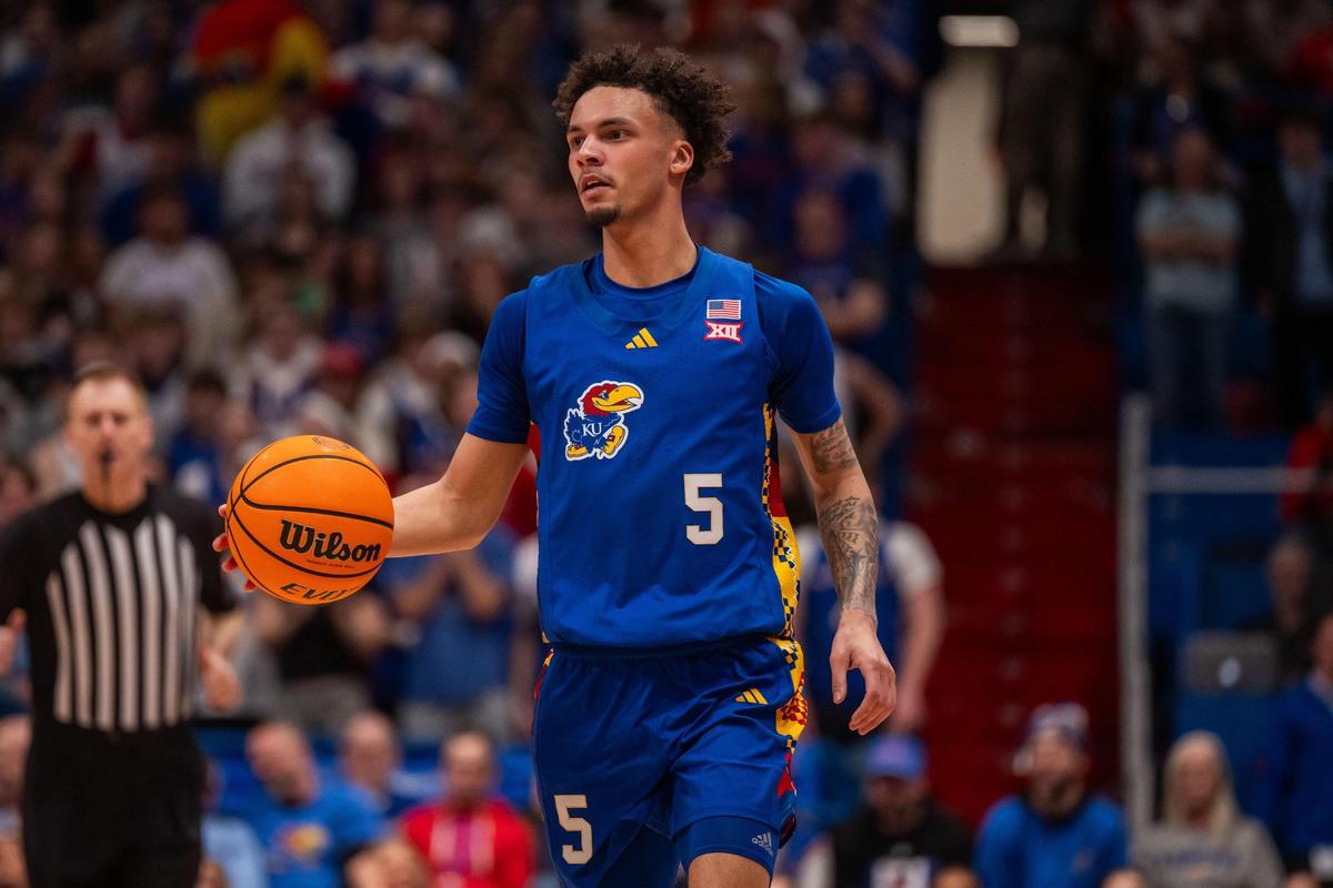 Kansas Jayhawks guard Zeke Mayo dribbles the ball up the court in the second half of the game vs. the Colorado Buffaloes on Tuesday, Feb. 11, 2025, at Allen Fieldhouse.