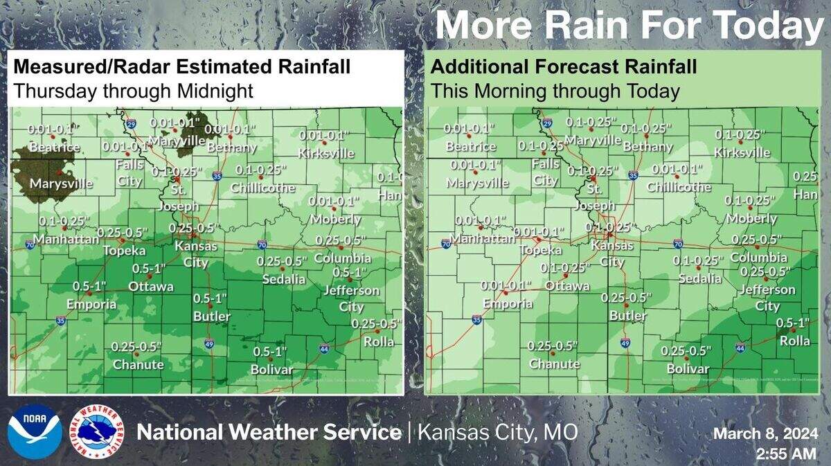 Up to an inch of ran fell across the Kansas City area on Thursday and more rain is expected on Friday as rain showers are expected to linger throughout the day, coming to an end in the evening, according to the National Weather Service. Sunny skies and warmer temperatures are expected this weekend.
