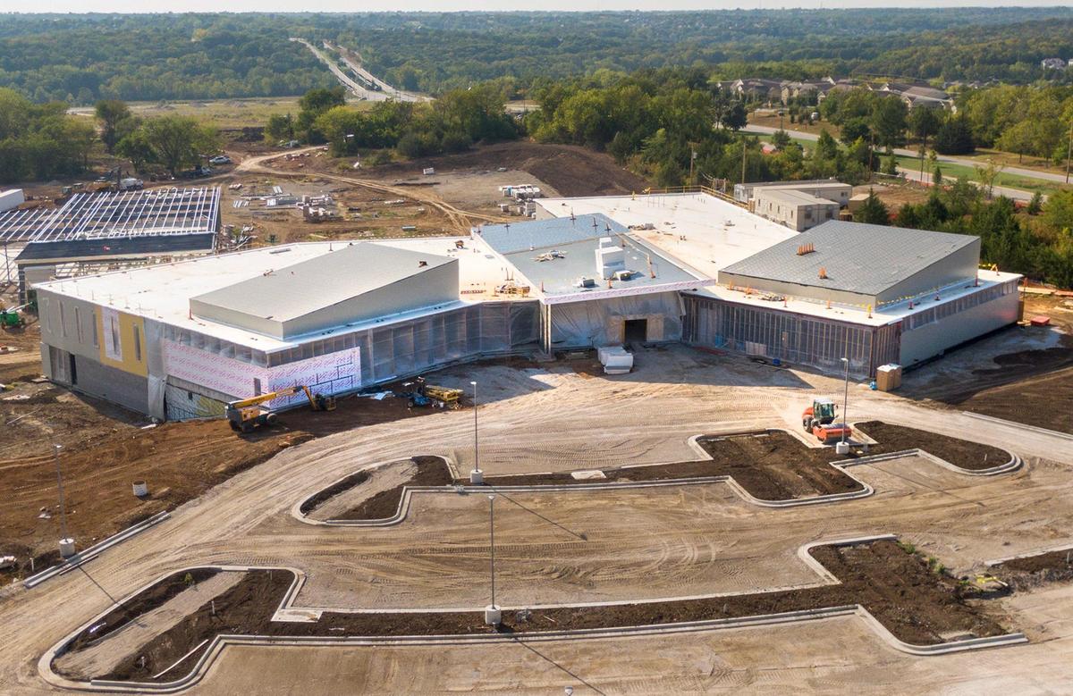 Lenexa’s new Justice Center is under construction at the southwest corner of Prairie Star Parkway and Britton Street. The new facility will replace the 1980’s era police and court building in use now at 12350 W. 87th St. Parkway. The new facility will have a 53,000 square feet police station and municipal court building, as well as a 23,000 square foot facility for a police training and parking.