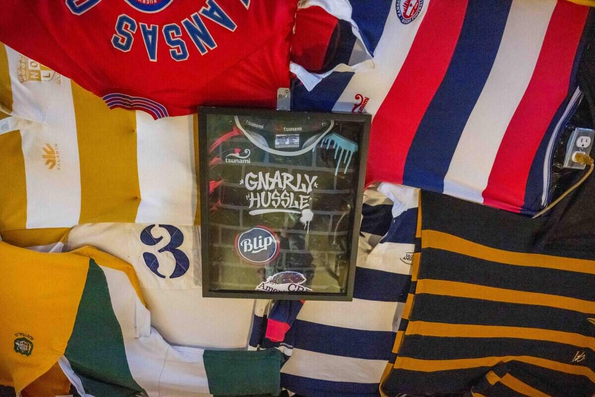 The roof inside the bar of Gnarly Hussle, a vintage clothing store in Raytown, on Thursday, November 20, 2025. Rugby is what brought together the owners of the shop and lead them to opening their first vintage store during the pandemic.