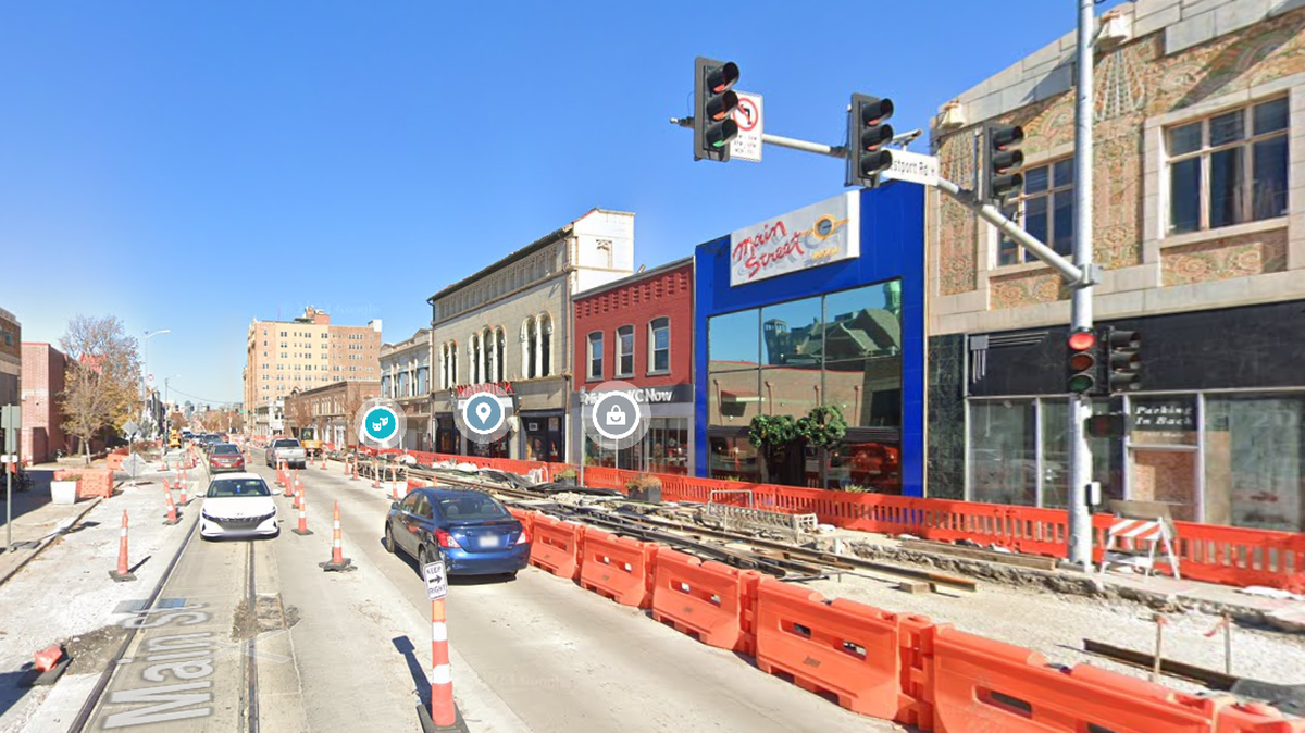 Several businesses were evacuated as a precaution after construction crews struck a gas main near the intersection of Westport Road and Main Street. This Google Maps Street View image shows the area in November 2023.