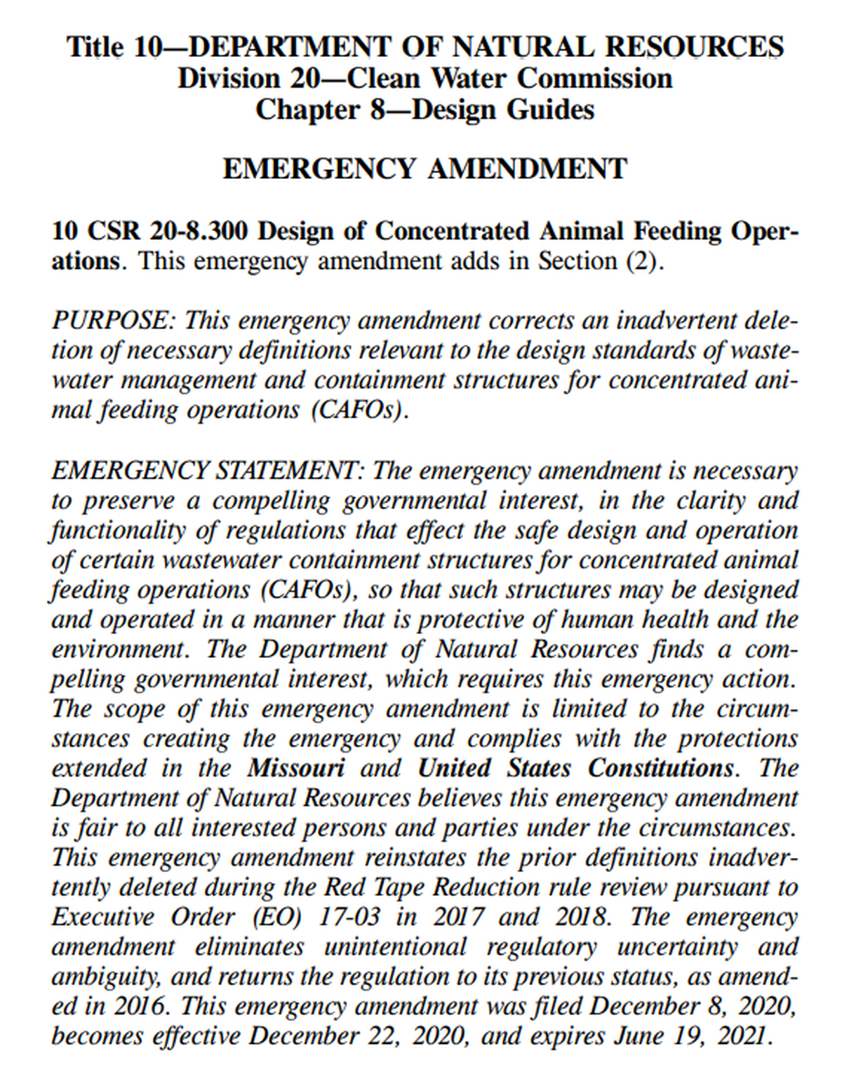 The top of the emergency rule submitted by the Missouri Department of Natural Resources.