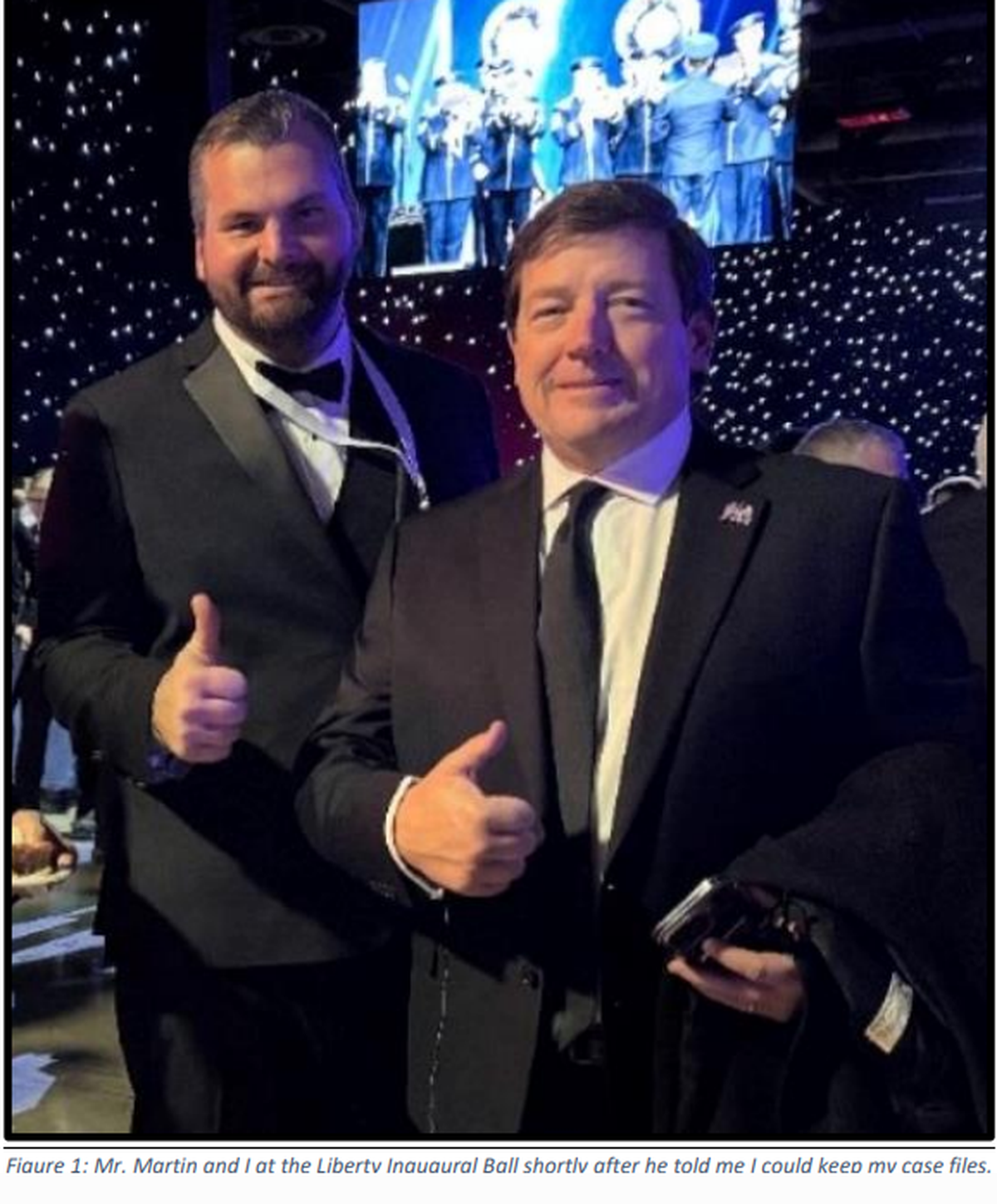Jan. 6 defendant Will Pope, left, with Ed Martin at the Liberty Ball in Washington, D.C., on Jan. 20, 2025.