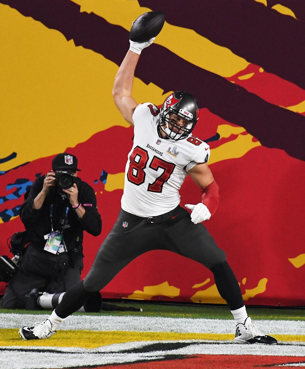 Tampa Bay Buccaneers tight end Rob Gronkowski celebrates his first quarter touchdown against the Kansas City Chiefs Sunday, February 7, 2021, at Super Bowl LV at Raymond James Stadium in Tampa, Florida.