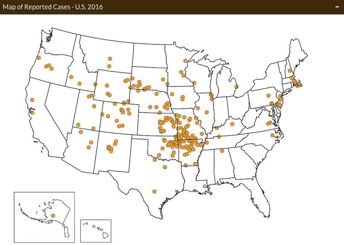 Reported cases of tularemia, or rabbit fever, in the United States in 2016.