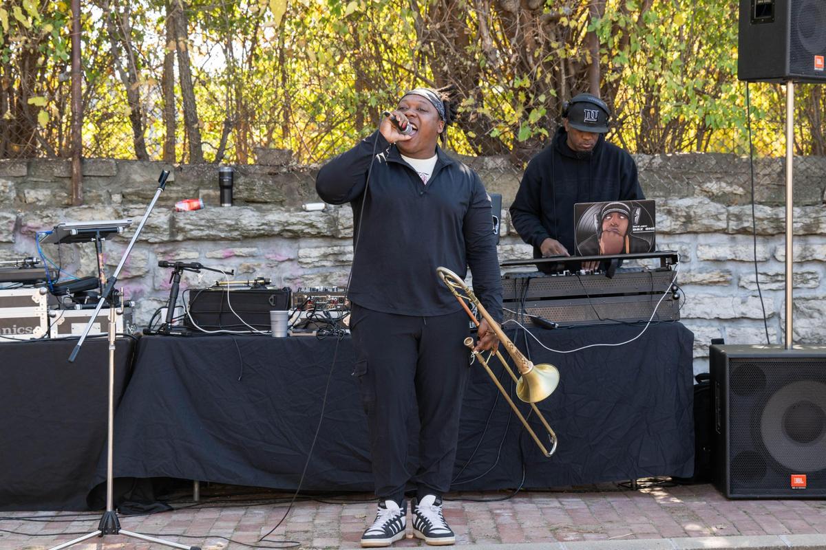 Hip-hop artist and trombonist Kadesh Flow performs at Vine Street Brewing in Kansas City, Missouri on Friday, Oct. 25, 2024. Kadesh and a few other Kansas City artists were selected to participate in a UN cultural exchange tour in Ireland.