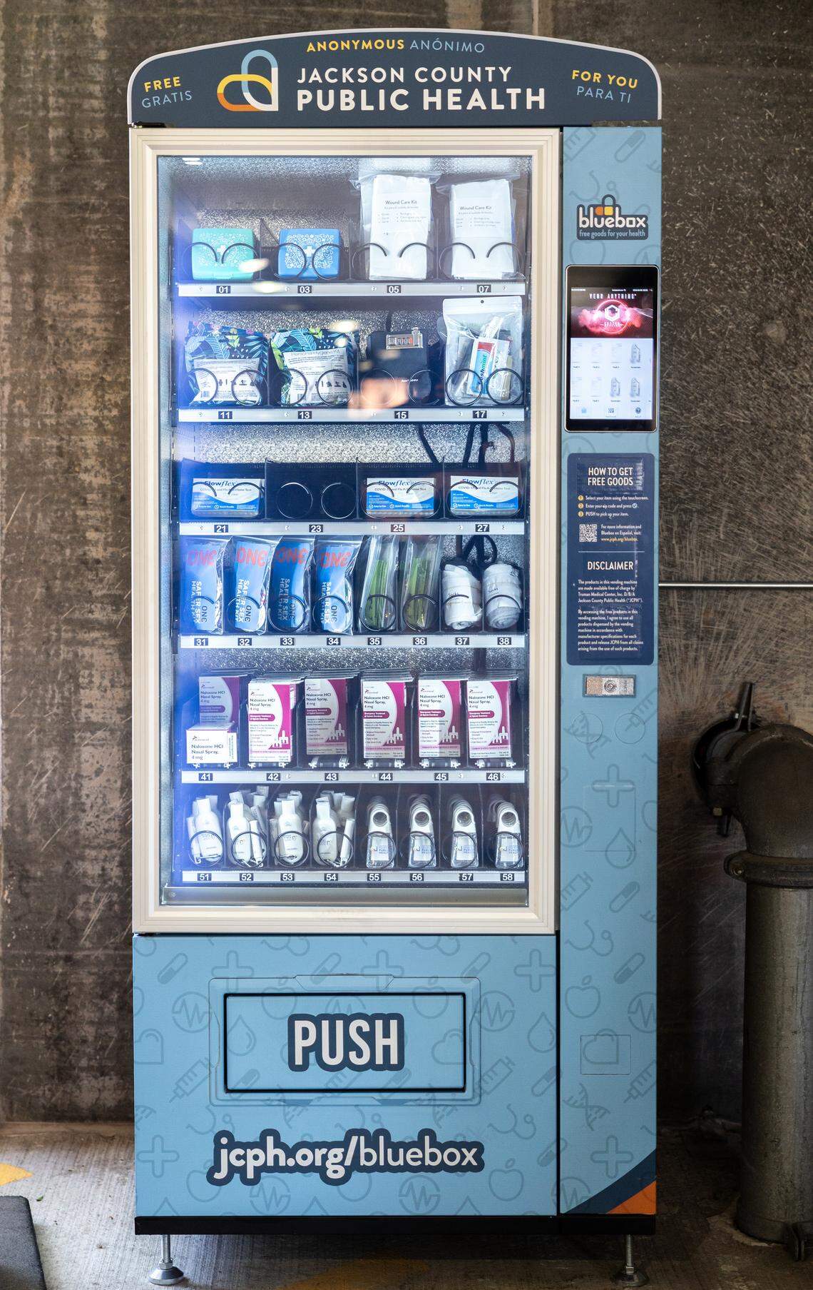 Jackson County Public Health has installed a free public health supplies kiosk, called a Bluebox, in the parking garage next to Lee’s Summit City Hall at 220 SE Green St. The vending machine is available 24 hours a day.