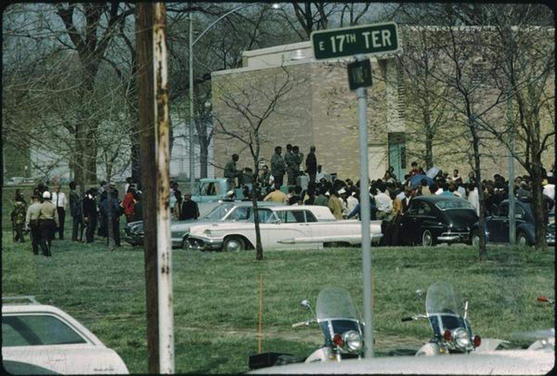 Police surround the group gathered at Parade Park.