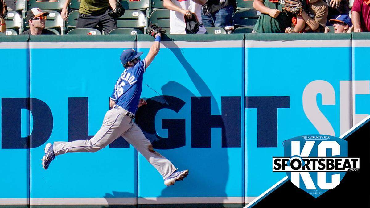 Kansas City Royals left fielder Andrew Benintendi makes a catch on a ball hit by Baltimore Orioles’ Anthony Santander during the ninth inning of a baseball game, Monday, Sept. 6, 2021, in Baltimore. The Royals won 3-2. (AP Photo/Julio Cortez)
