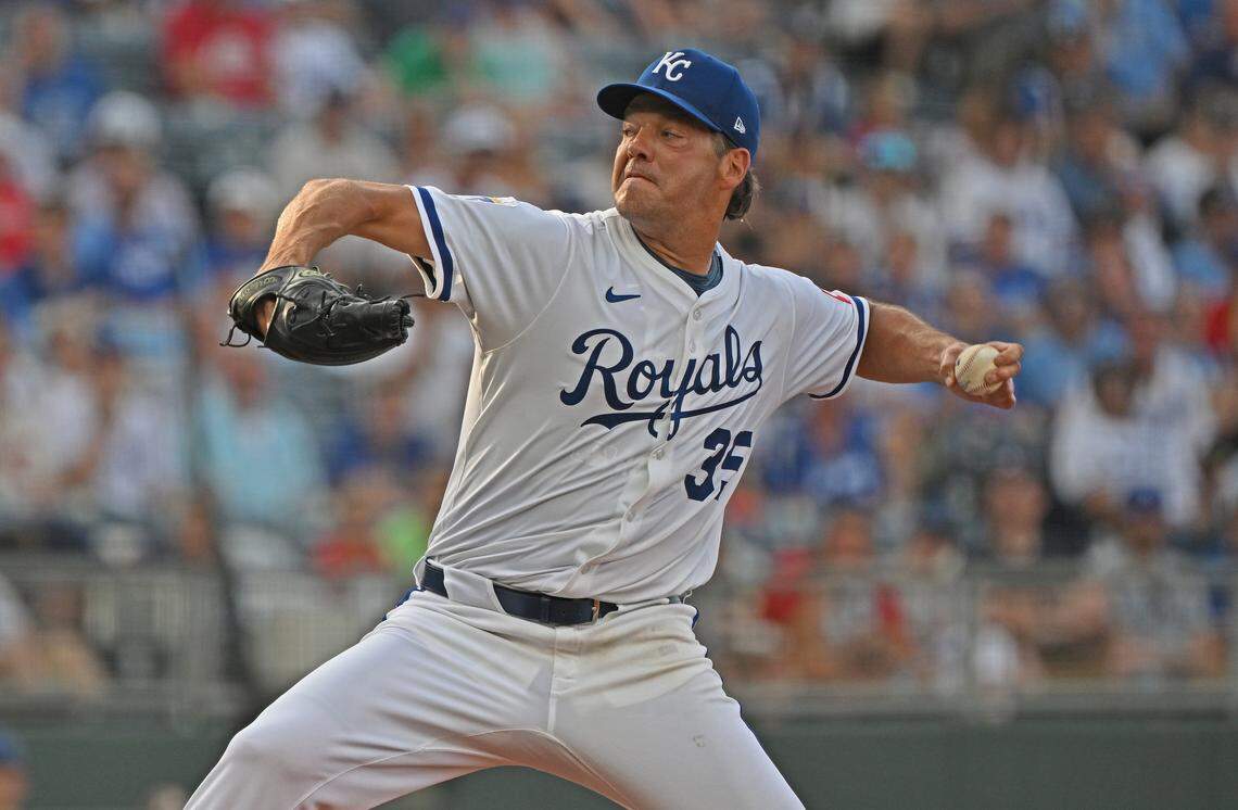 Royals starting pitch Rich Hill throws against the Atlanta Braves at Kauffman Stadium in Kansas City on Monday, July 28, 2025.