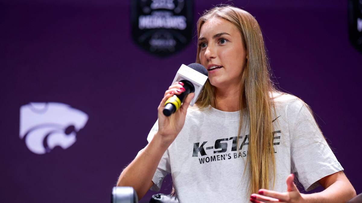 Kansas State Wildcats guard Serena Sundell speaks during the Big 12 Women’s Basketball Media Day event at T-Mobile Center in Kansas City on Oct 22, 2024.