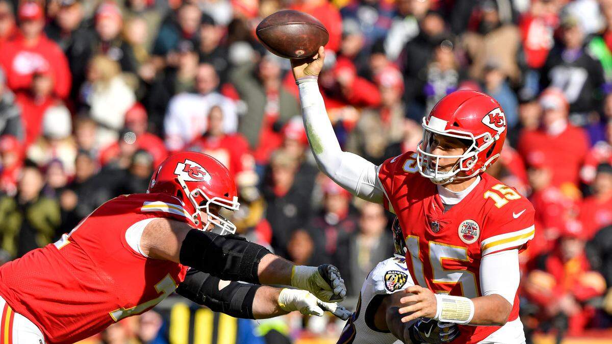 Kansas City Chiefs quarterback Patrick Mahomes completes a pass against the Baltimore Ravens in the second quarter during Sunday’s football game on December 9, 2018 at Arrowhead Stadium in Kansas City, Mo.