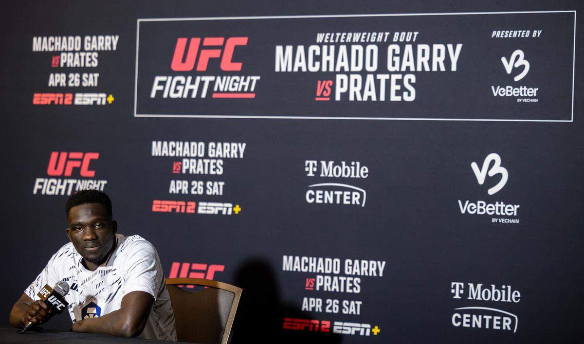 UFC featherweight David Onama speaks with the media ahead of his bout with Giga Chikadze on the main card of UFC Fight Night: Machado Garry vs. Prates at the T-Mobile Center in Kansas City on Saturday night.