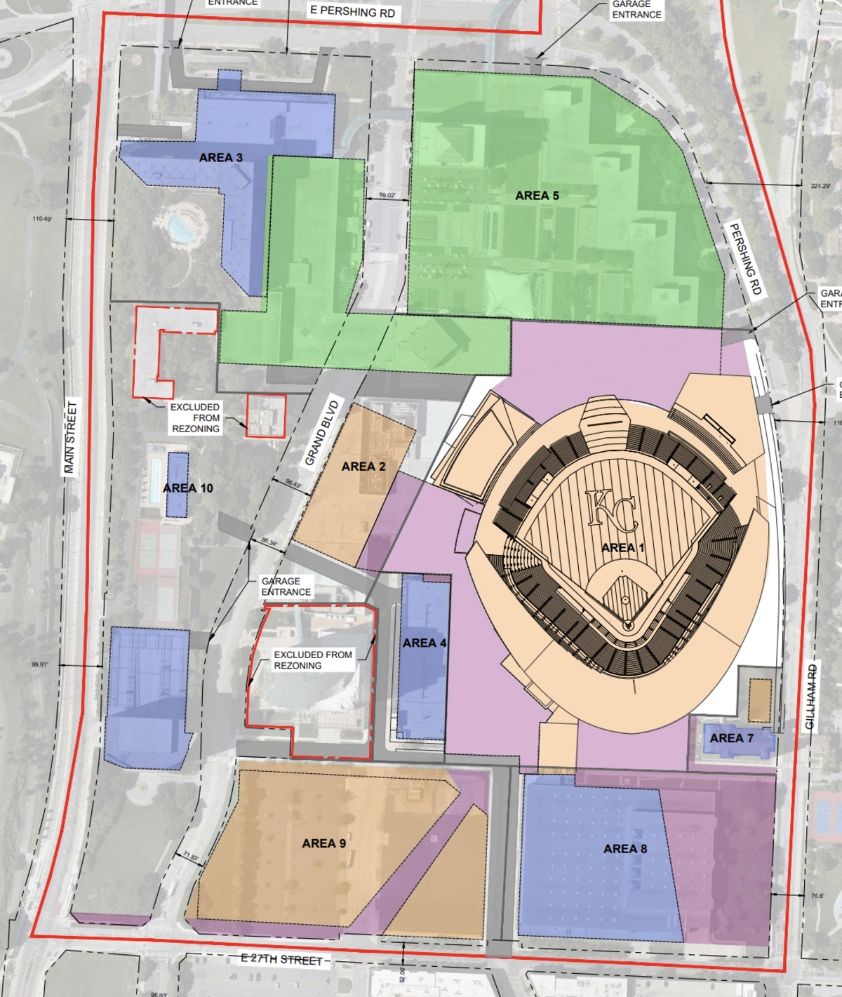 A portion of a development plan for Crown Center as part of a rezoning for a sports and entertainment district.