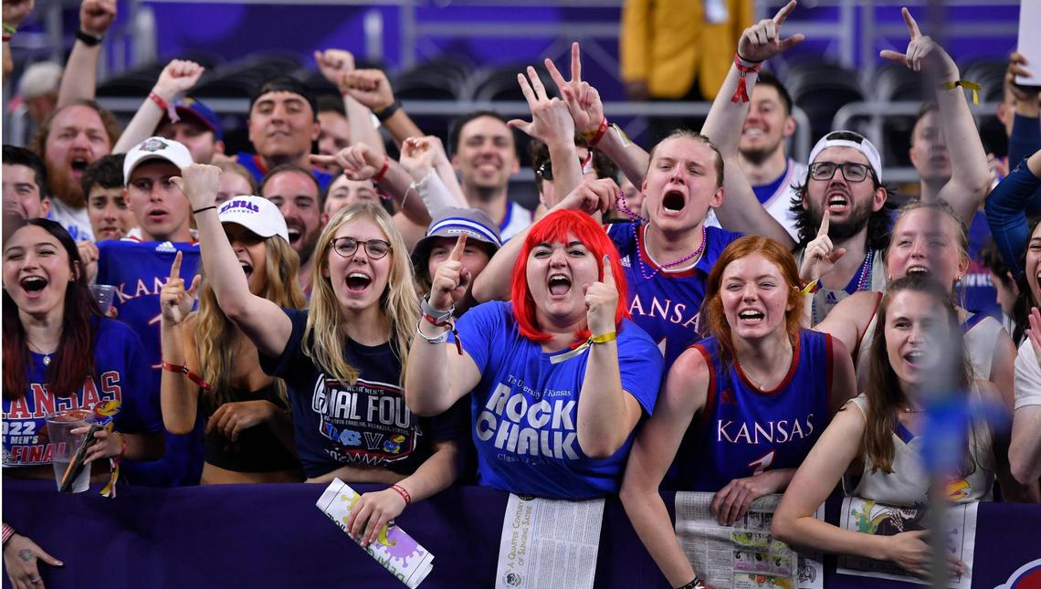 The KU student section gets excited before the Jayhawks take the court at the Superdome in New Orleans Monday night, where they play North Carolina in the NCAA National Championship game.