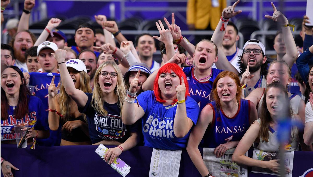 The KU student section gets excited before the Jayhawks take the court at the Superdome in New Orleans Monday night, where they play North Carolina in the NCAA National Championship game.
