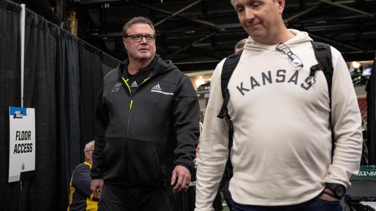 Kansas head coach Bill Self exits the court after leading his team in practice a day before it plays Arkansas in the NCAA Tournament Friday, March 17, 2023, in Des Moines, Iowa.