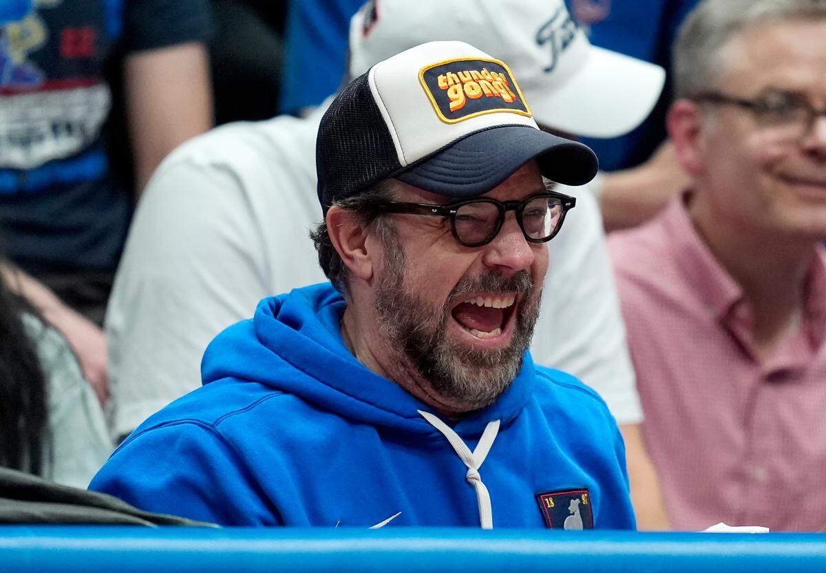 Actor Jason Sudeikis watches the action during the second half between the Furman Paladins and Kansas Jayhawks at Allen Fieldhouse on Nov. 30, 2024.