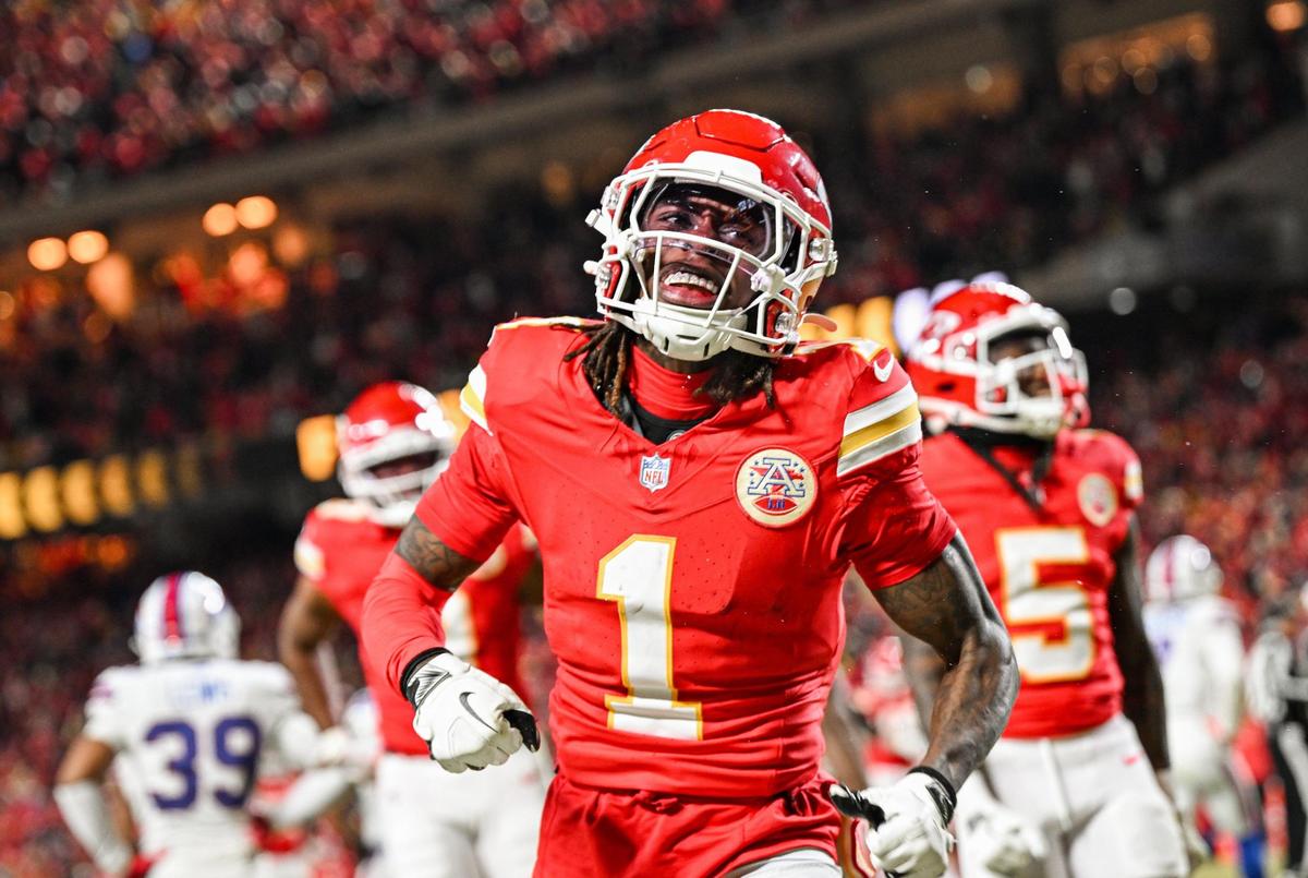 Kansas City Chiefs wide receiver Xavier Worthy (1) celebrates after making a big gain in the second quarter against the Buffalo Bills during the AFC Championship Game on Sunday, Jan. 26, 2025, at GEHA Field at Arrowhead Stadium.