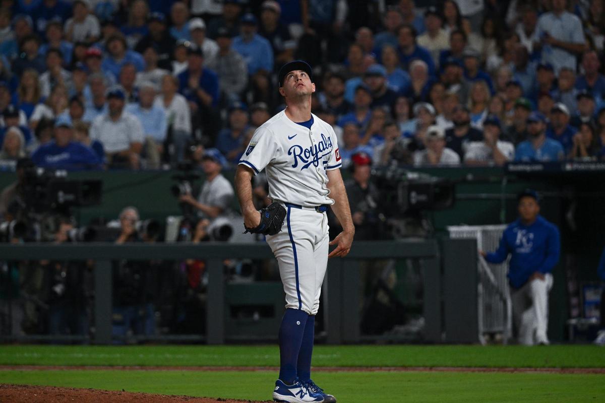 Kansas City Royals pitcher Kris Bubic (50) looked to the sky after New York Yankees designated hitter Giancarlo Stanton hit a home run in the eighth inning during Game 3 of the American League Division Series on Wednesday, Oct. 9, 2024, at Kauffman Stadium.