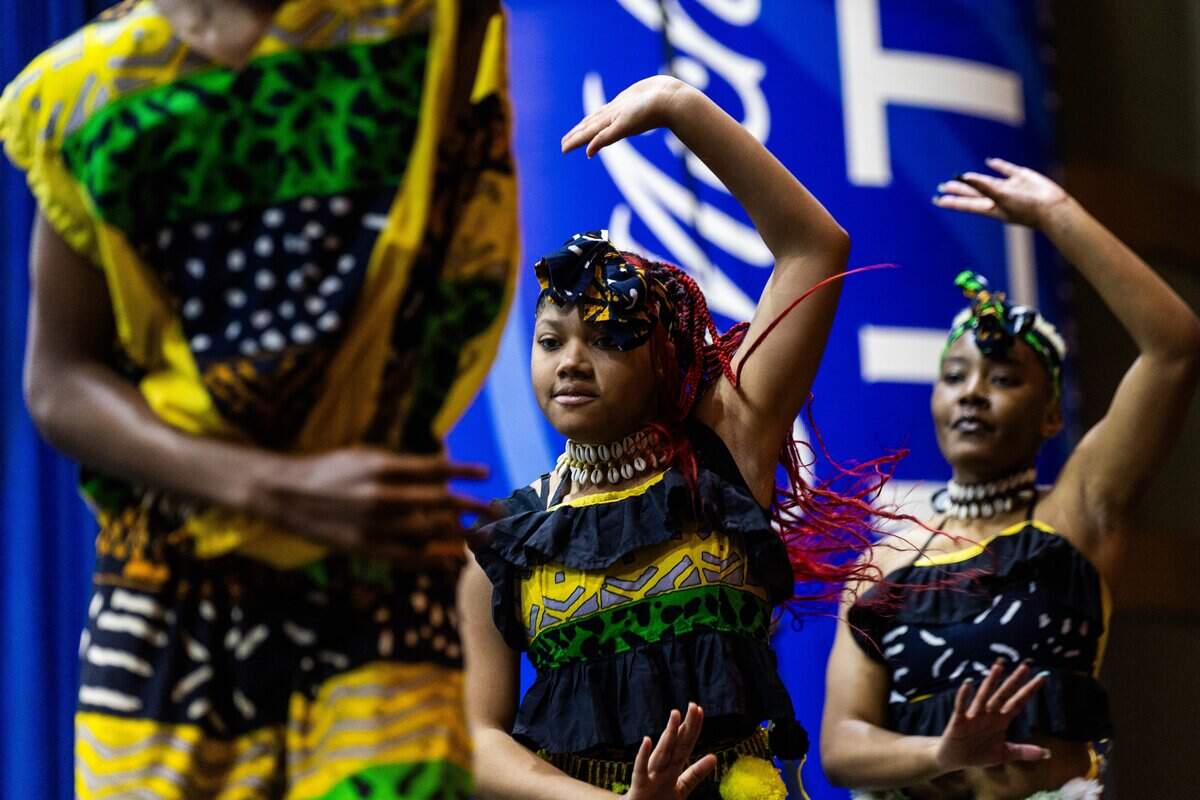 Art in Motion, a multi art dance group preforms at KCK's Mexico v. South Africa Watch Party at Memorial Hall on Thursday, June 11, 2026.