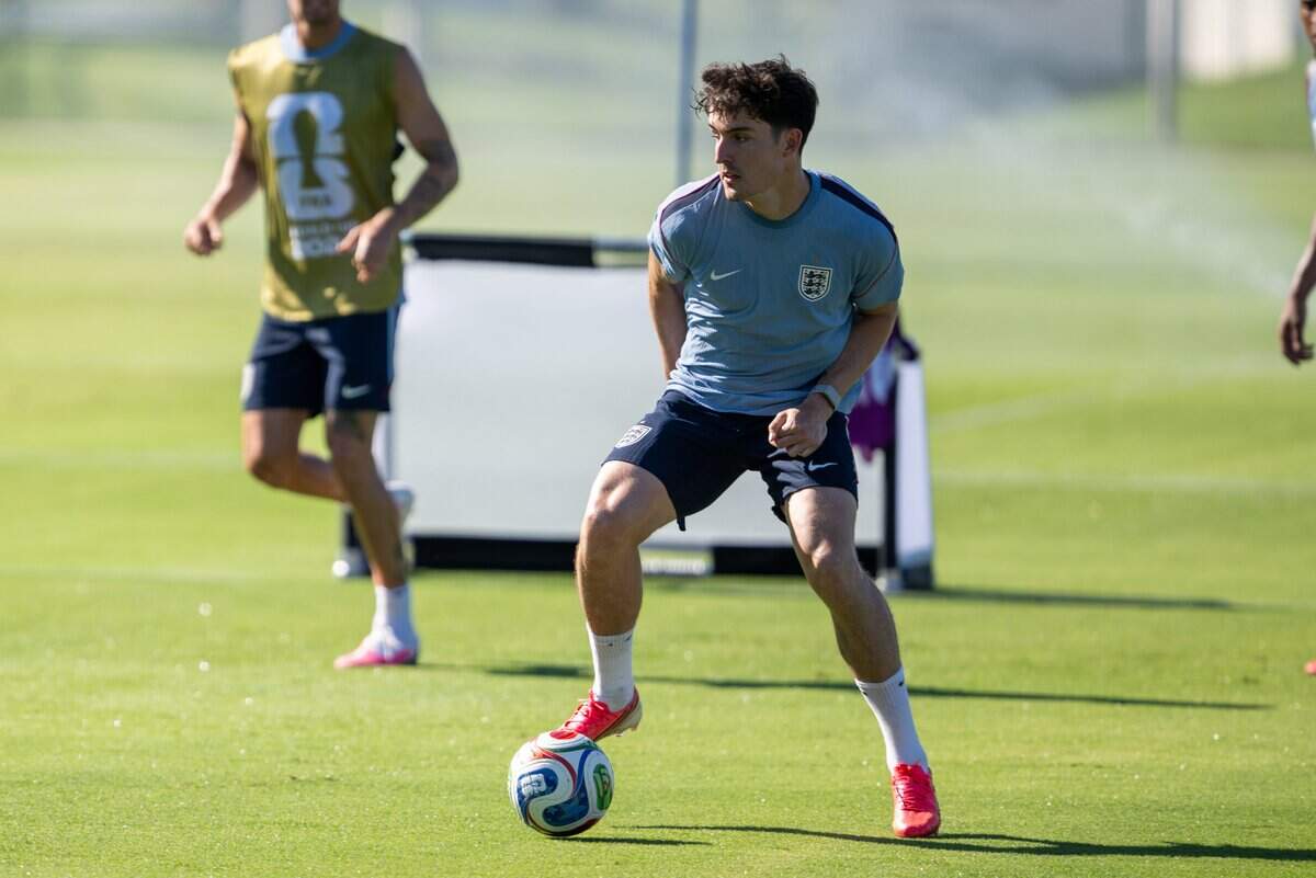 England's Tino Livramento kicks the ball during practice on Victory Field at Swope Soccer Village, Saturday, June 13, 2026, in Kansas City. The team will call Prairie Village home during the World Cup.