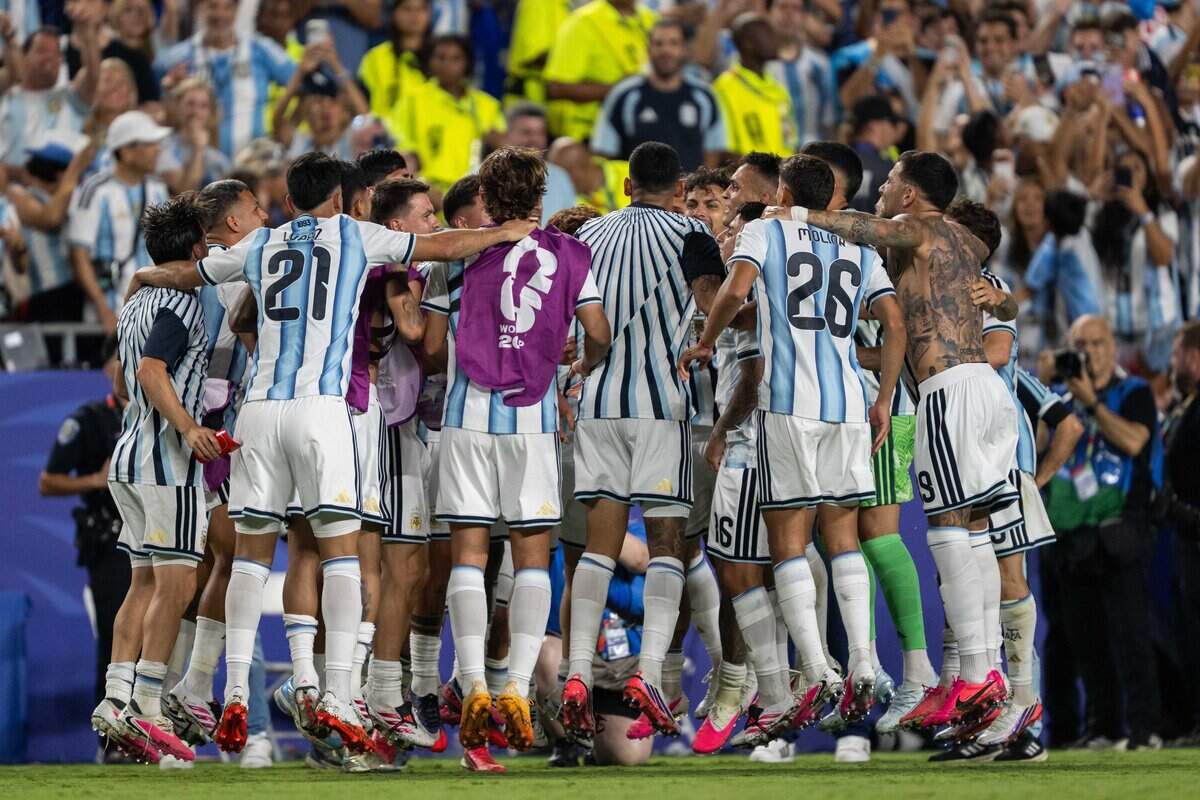 Argentina celebrates after a win in a 2026 FIFA World Cup quarterfinal match at Kansas City (Arrowhead) Stadium in Kansas City on Saturday, July 11, 2026.