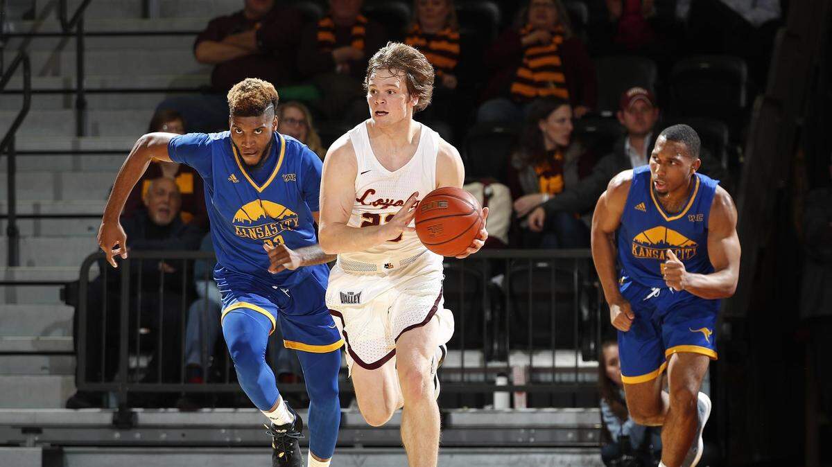 Loyola-Chicago’s Cooper Kaifes was a force during Tuesday night’s season opener against UMKC, scoring 19 points, 15 on five three-pointers.
