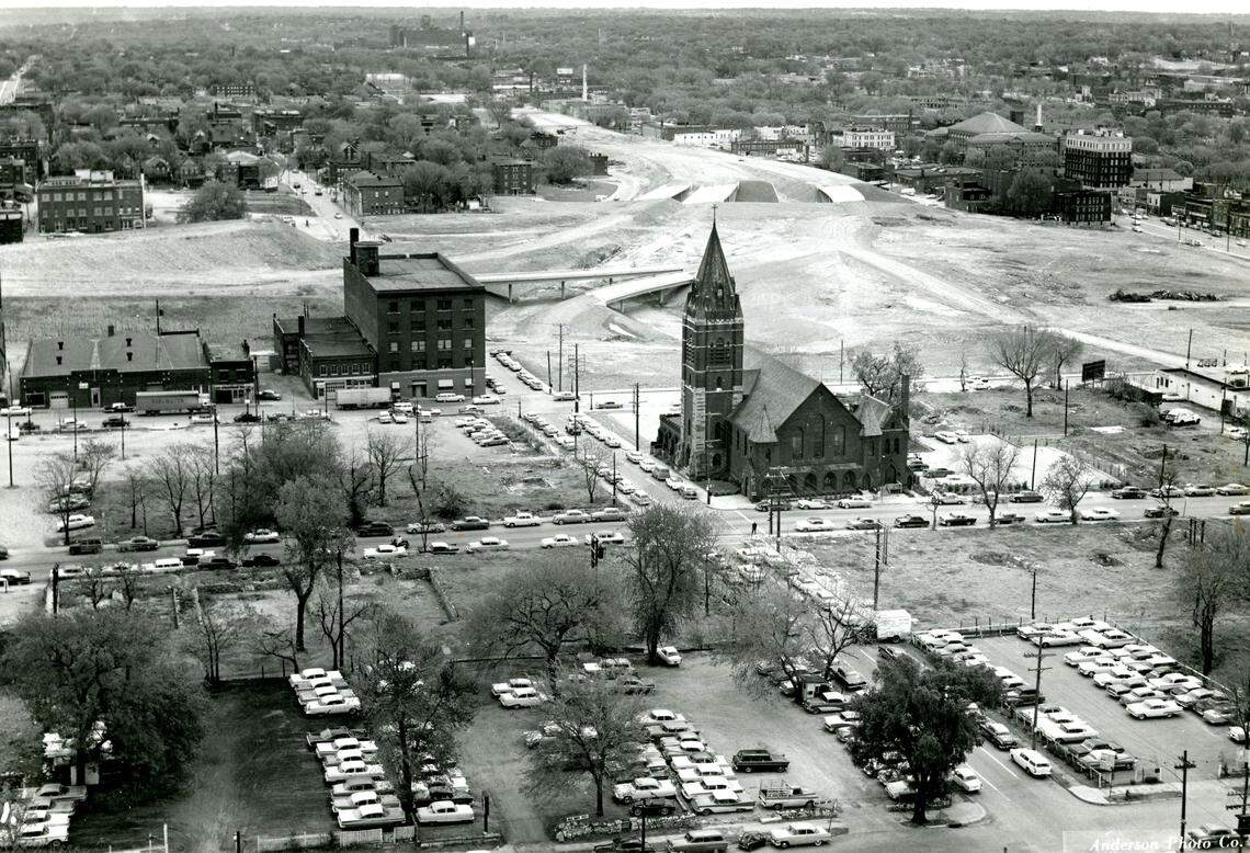View of St. Mary’s Church after land clearing for the downtown expressway loop and urban renewal projects, 1960.