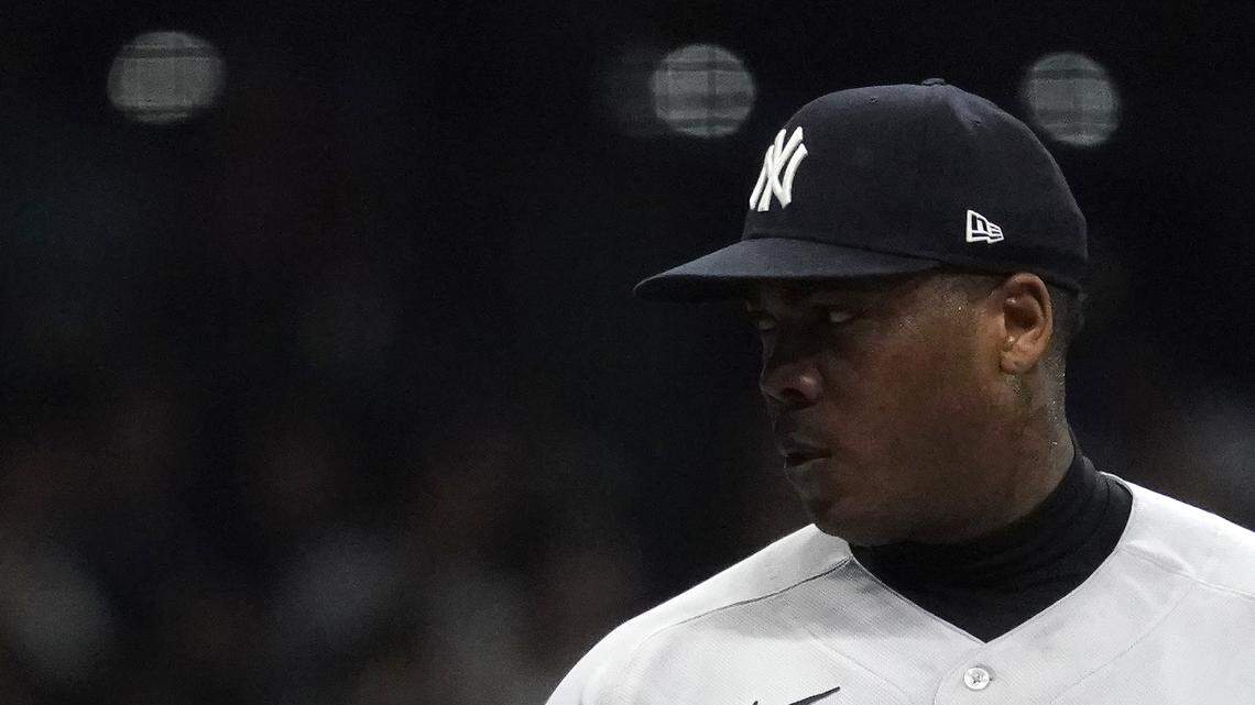 New York Yankees’ Aroldis Chapman pitches during the seventh inning of a baseball game against the Milwaukee Brewers Saturday, Sept. 17, 2022, in Milwaukee. (AP Photo/Aaron Gash)