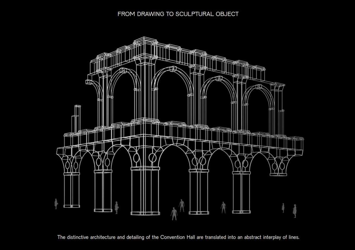 Drawing showing how the facade of Kansas City’s 1899 Convention Hall was used to create the concept for the sculpture that will surround the perimenter of the new Barney Allis Plaza.