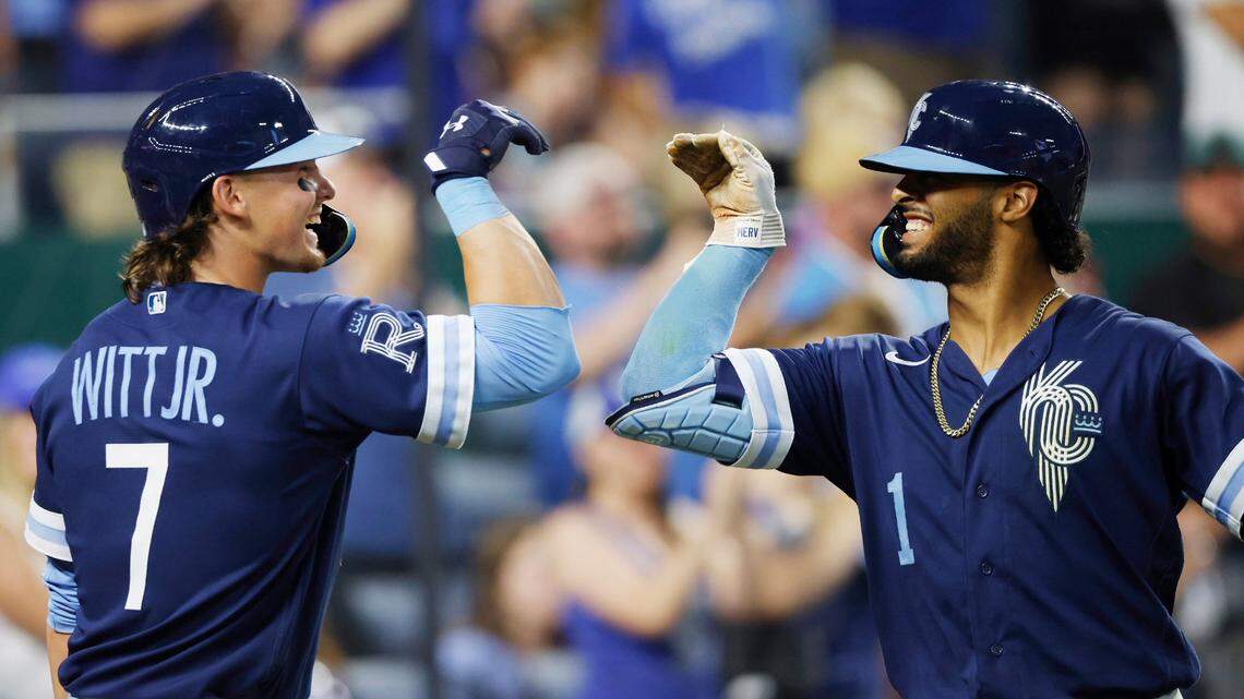 Kansas City Royals’ MJ Melendez (1) celebrates with Bobby Witt Jr. (7) at home plate following his three-run home run during the fifth inning of a baseball game against the Baltimore Orioles in Kansas City, Mo., Friday, June 10, 2022. (AP Photo/Colin E. Braley)