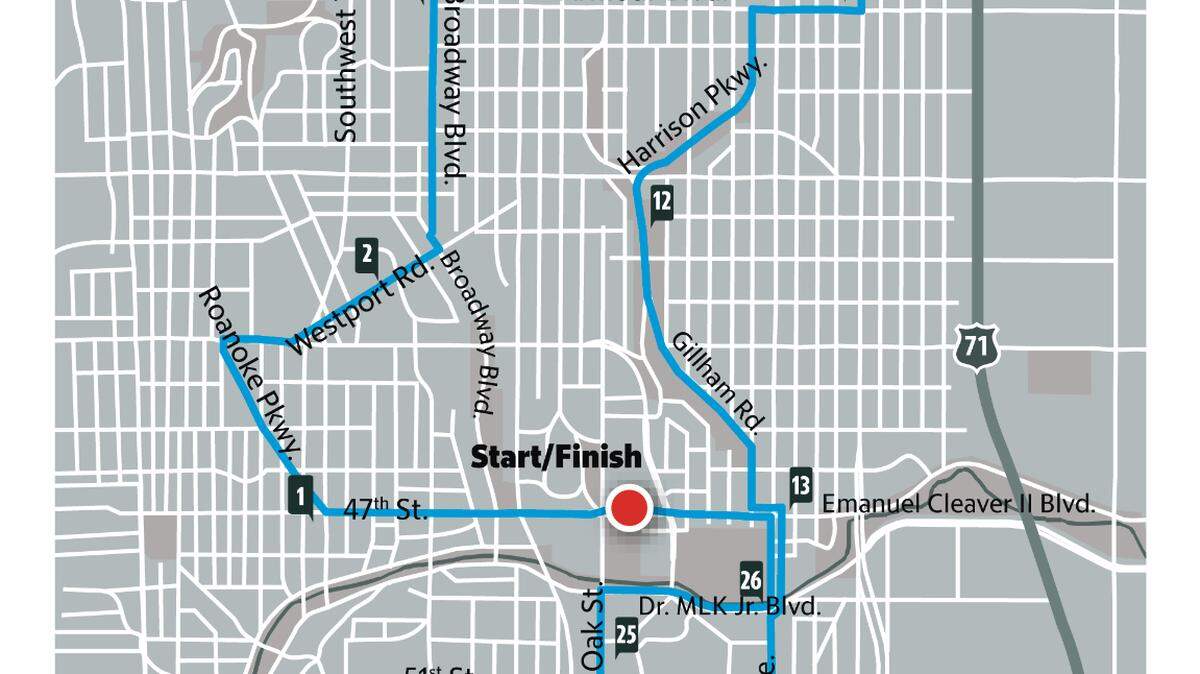 The full marathon route for the Garmin KC Marathon Saturday