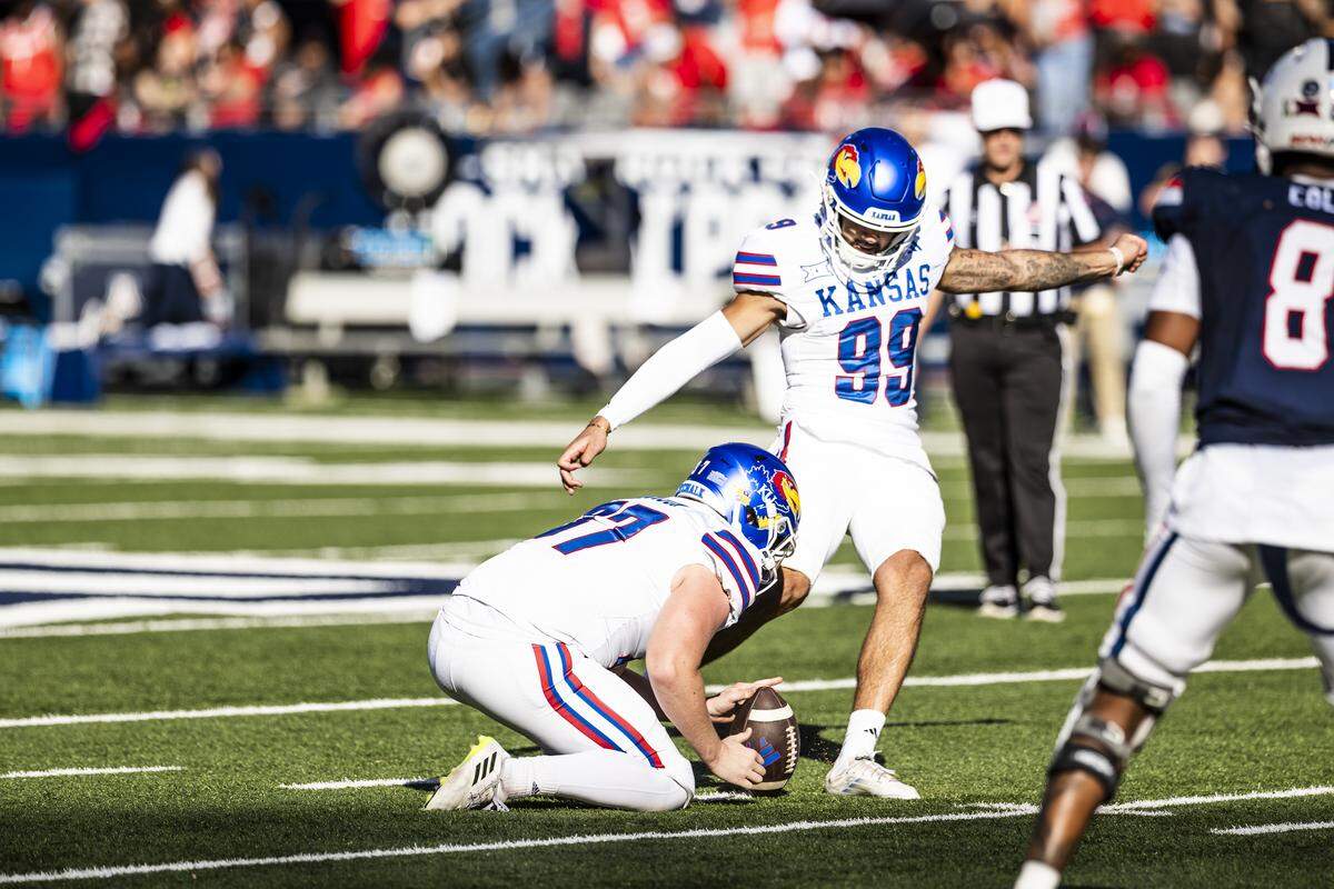 Kansas Jayhawks kicker Laith Marjan attempts a kick during a game at Arizona on Nov. 8, 2025.