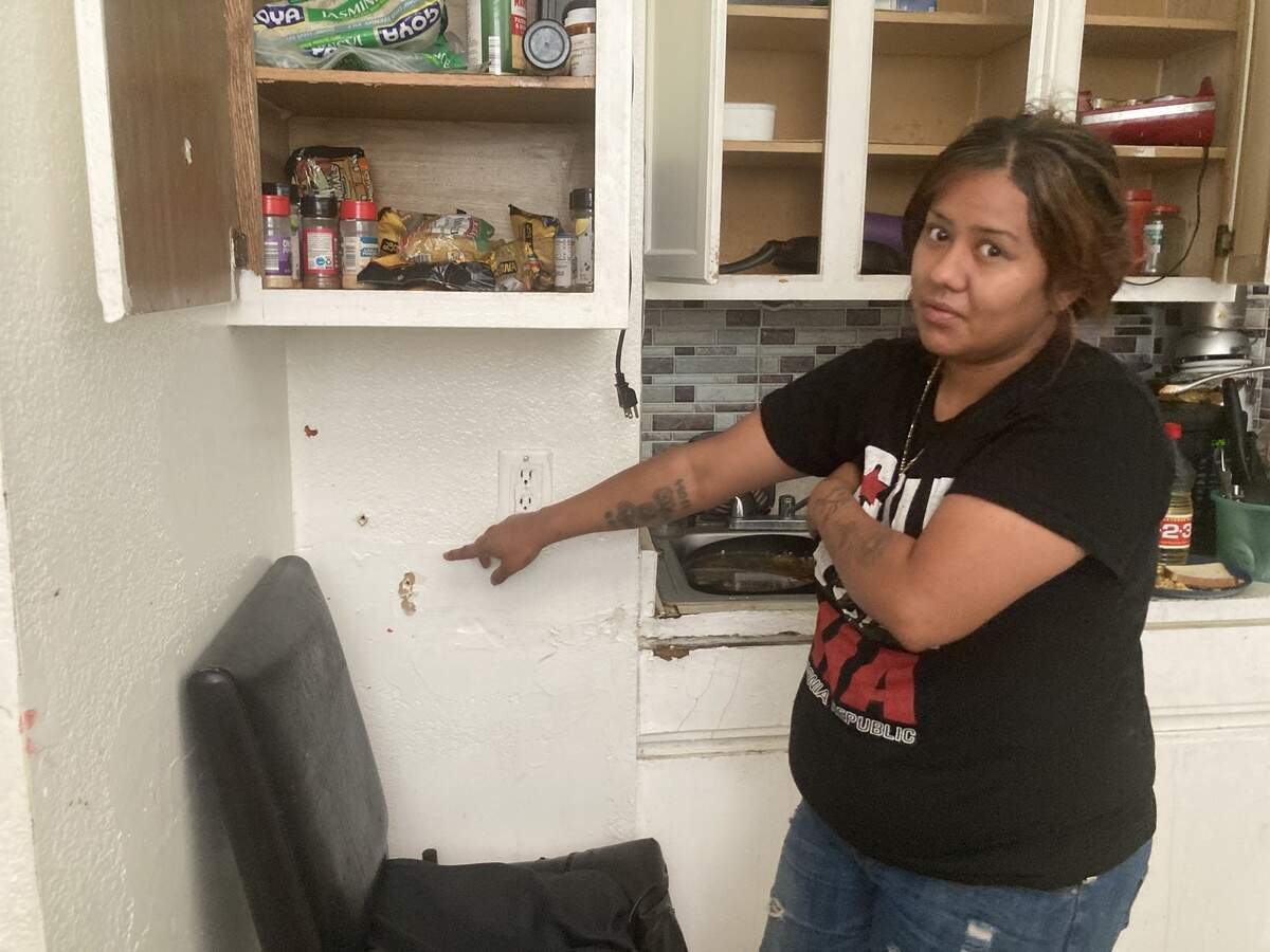Elizabeth Ojeda, 33, points to the holes in her kitchen wall left by five bullets that flew in from the apartment across the hall, allegedly fired by her friend and neighbor, Brayan Noe Arguijo-Mejia, 20, charged in the shooting death of Arelio Antonio-Lazaro, 42, and inuring Antonio-Lazaro’s son.