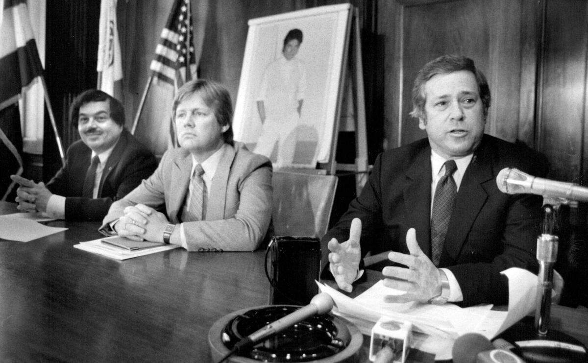 Then Mayor Richard L. Berkley, right, answers questions about the Jacksons Victory Tour 84 at a news conference in 1984. Berkley announced that there would be 500 free tickets for each of the three shows distributed to fans without the means to afford them.