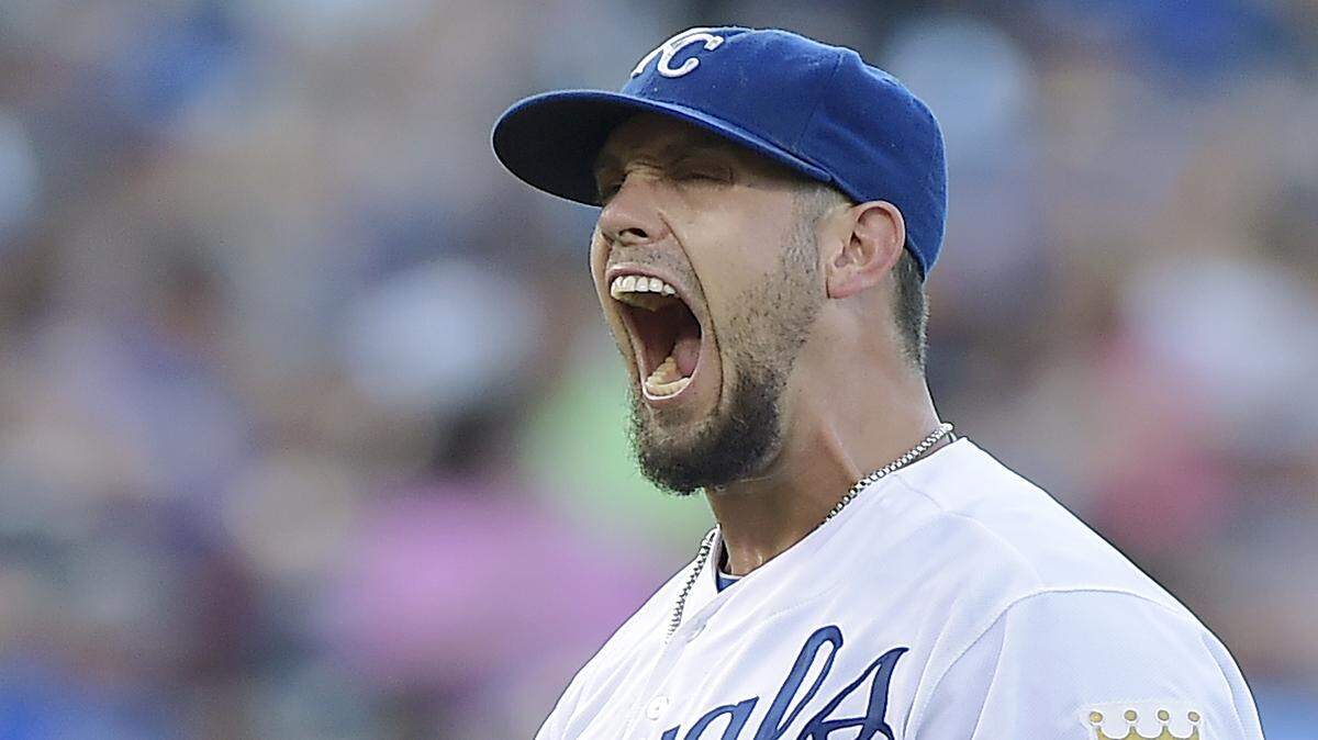 Kansas City Royals starting pitcher James Shields (33) yells in frustration after giving up an RBI single to Detroit Tigers' Alex Avila that scored Torii Hunter from third in the fourth inning during Saturday's baseball game on July 12, 2014 at Kauffman Stadium in Kansas City, Mo.
