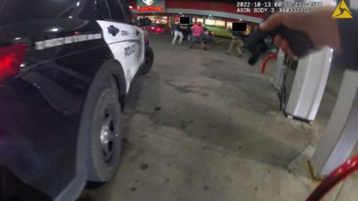 A screenshot from body camera footage shows an encounter between Topeka police and Taylor Lowery, who was fatally shot in October 2022.